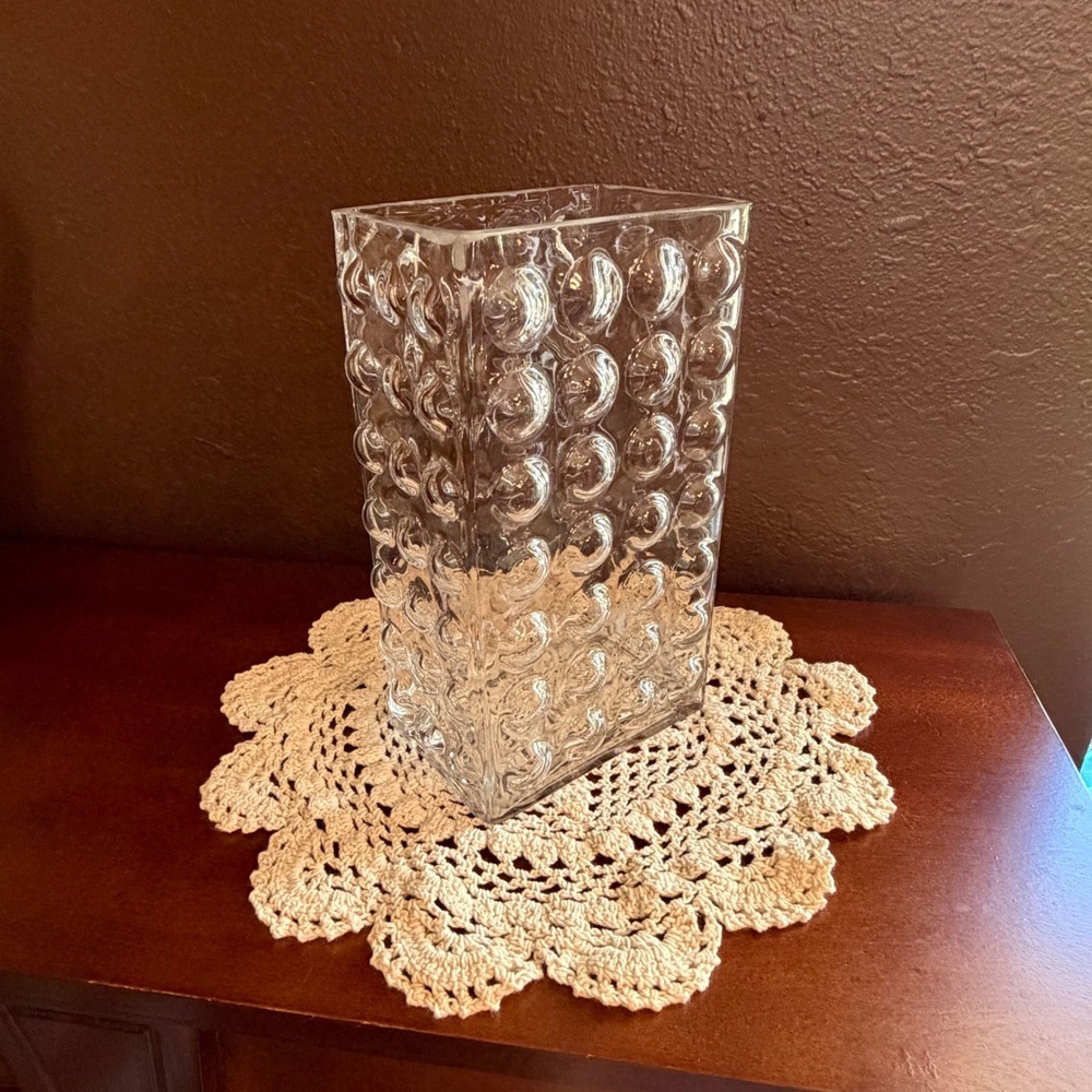 Vintage Rectangular Clear Glass Hobnail Bubble Texture Vase 8 Inch Tall MCM